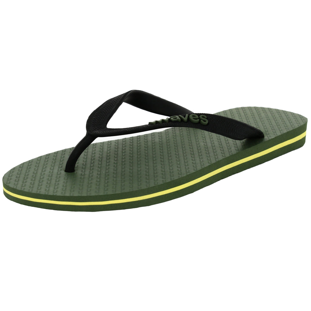 Kahki Green with Yellow Stripe Tapered Flip Flops, Men's – Waves Flip ...