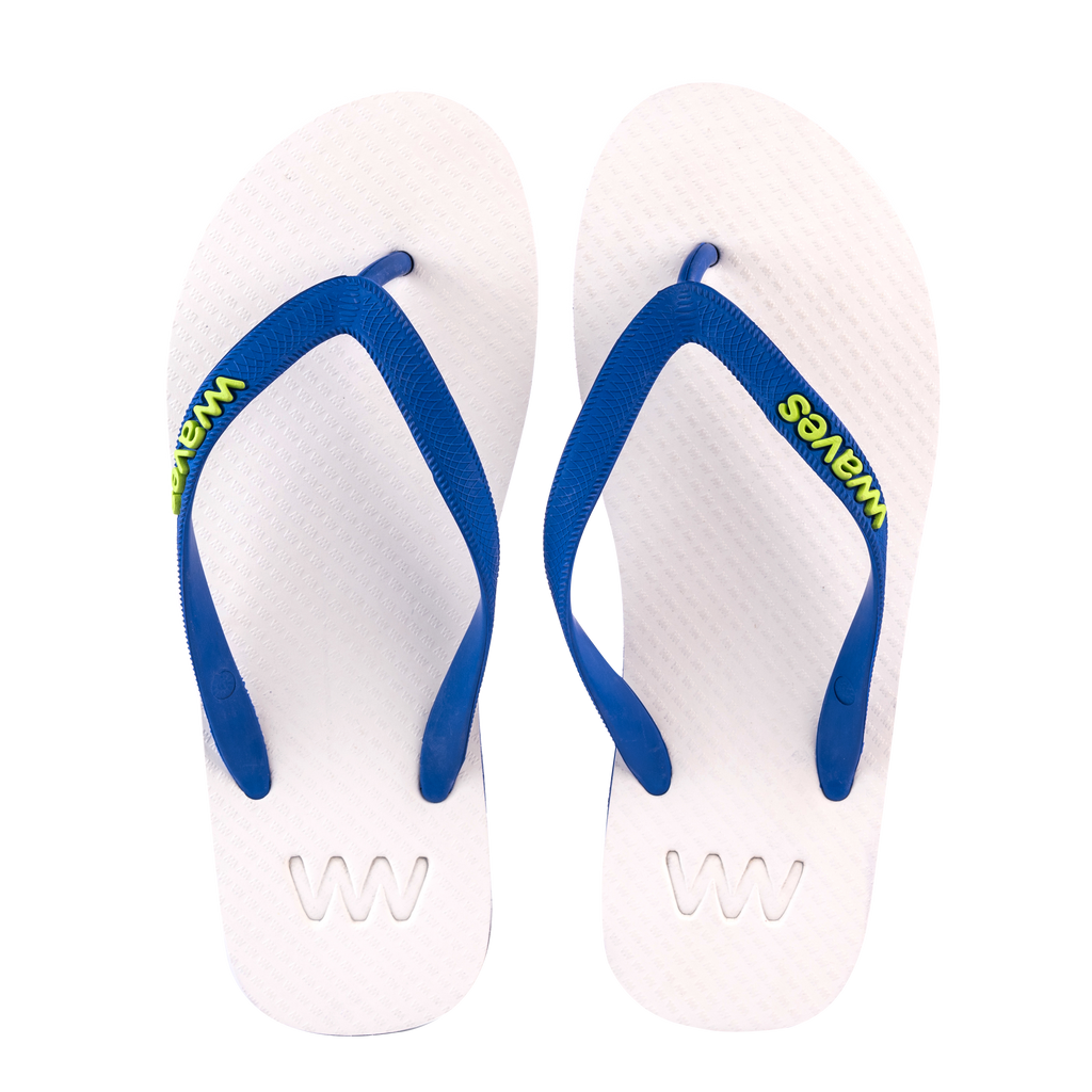 Blue and white store flip flops